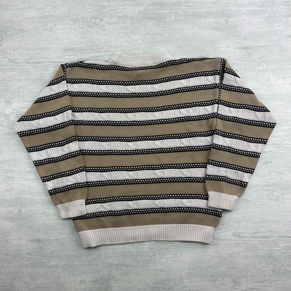 Vintage 90s Izod Club 3D Knit Sweater Size Medium Tan Striped Cable Pullover - Picture 4 of 5